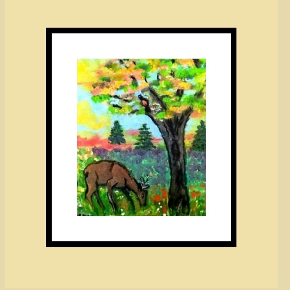 SPRINGTIME acrylic painting,deer robin cabin Decor